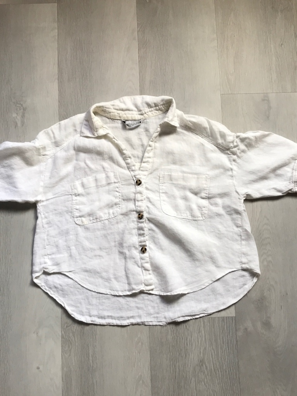ZARA 100% LINEN WHITE CROPPED SHORT SLEEVE BOXY WHITE TOP WOMENS LARGE